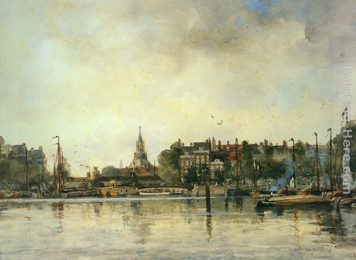 A Townview with Moored Vessels along a Quay painting - Johan Hendrik Van Mastenbroek A Townview with Moored Vessels along a Quay art painting